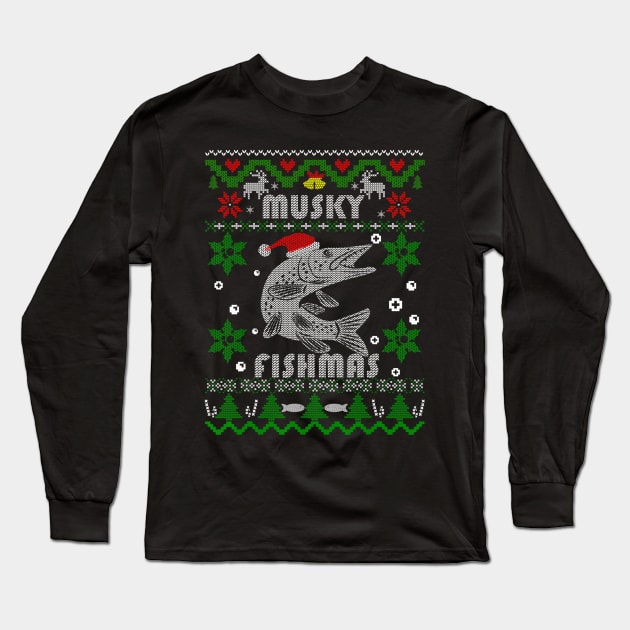 Angler Fishmas Musky Fishing Ugly Christmas Long Sleeve T-Shirt by kasperek